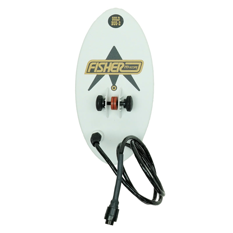 A white oval search coil with a black cord, featuring the 'Fisher M-Scope' logo and a 'Gold Bug 2' badge on a clean white background.