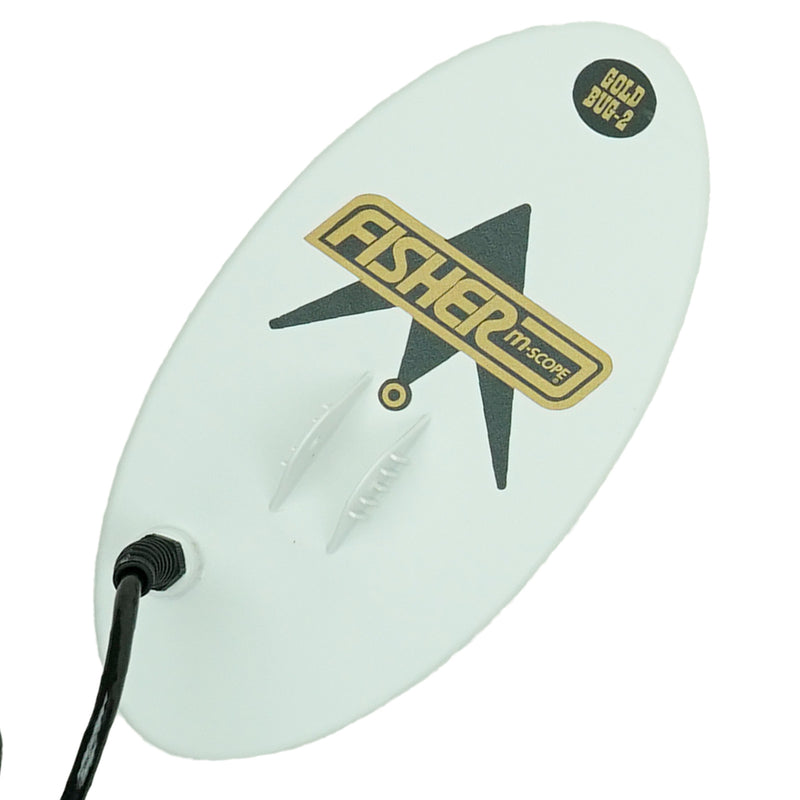 A white oval search coil with a black cord, featuring the 'Fisher M-Scope' logo and a 'Gold Bug 2' badge on a clean white background.