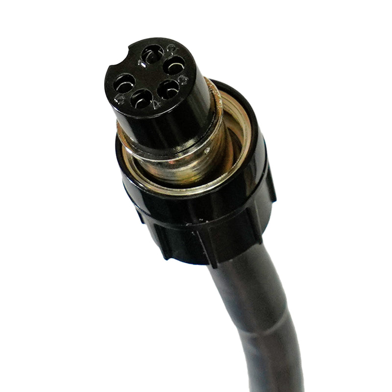 A close-up of a black multi-pin electrical connector with a black cable, shown against a plain white background.