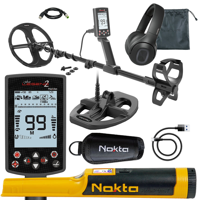 Nokta The Legend 2 SMF Waterproof Metal Detector with LD28 11", LD21 8", Accupoint Pinpointer with holster, charger, lanyard, bluetooth headphones, and accessories