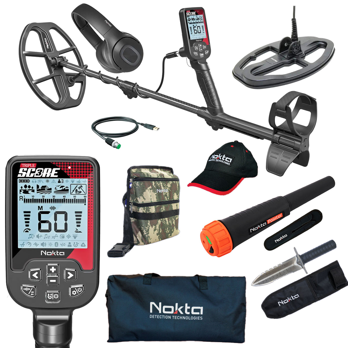 Nokta Triple Score (Score 3) PRO PACK Metal Detector, Nokta Pointer, Pouch, Digger, Hat, and Carry Bag