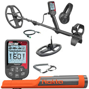 Black metal detector with two coils, headphones, and orange and black pinpointer on a white background.