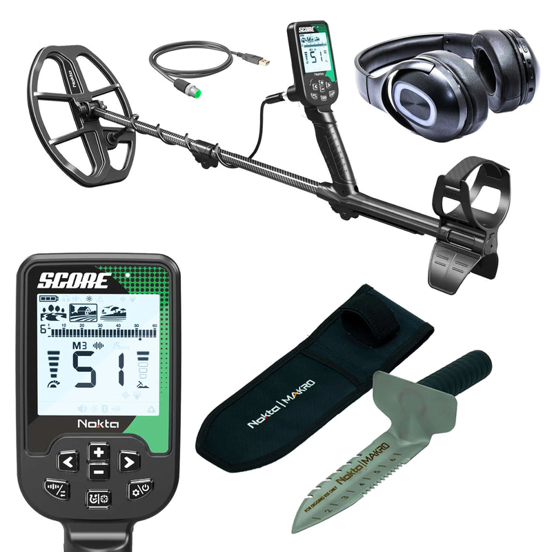 Nokta Score SMF Waterproof Metal Detector with Bluetooth Headphones and Premium Digger with Belt Holster