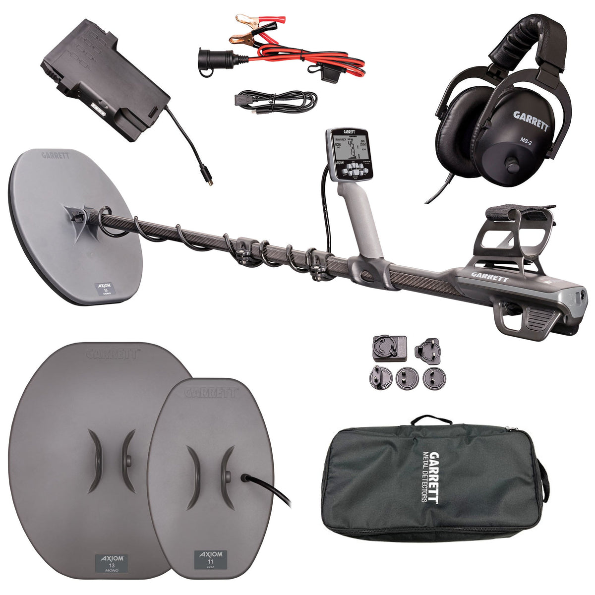 (Open Box) Garrett Axiom Metal Detector with 13"x11" Mono Coil, 11"x7" DD Coil and MS-2 Headphones