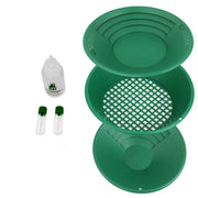 Green metal mesh sifter bowl set with a small white bottle and two small clear vials on a white background.