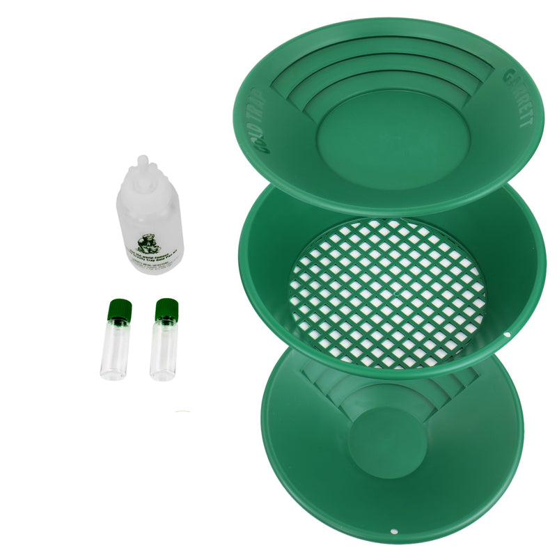 Green metal mesh sifter bowl set with a small white bottle and two small clear vials on a white background.