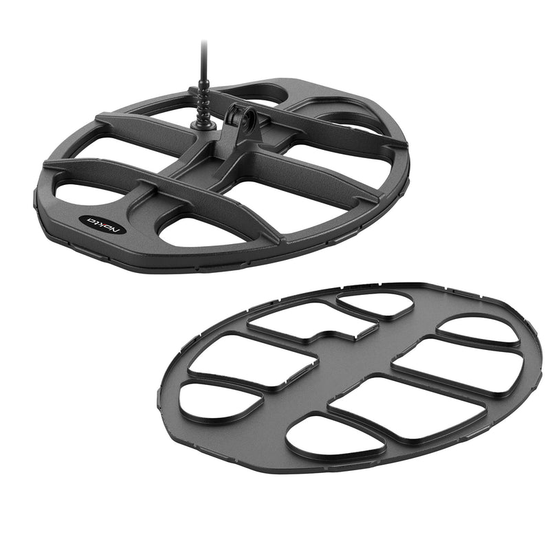 The Nokta Legend LD38 15 by 12 inch DD coil and included skid plate, shown on a white background.