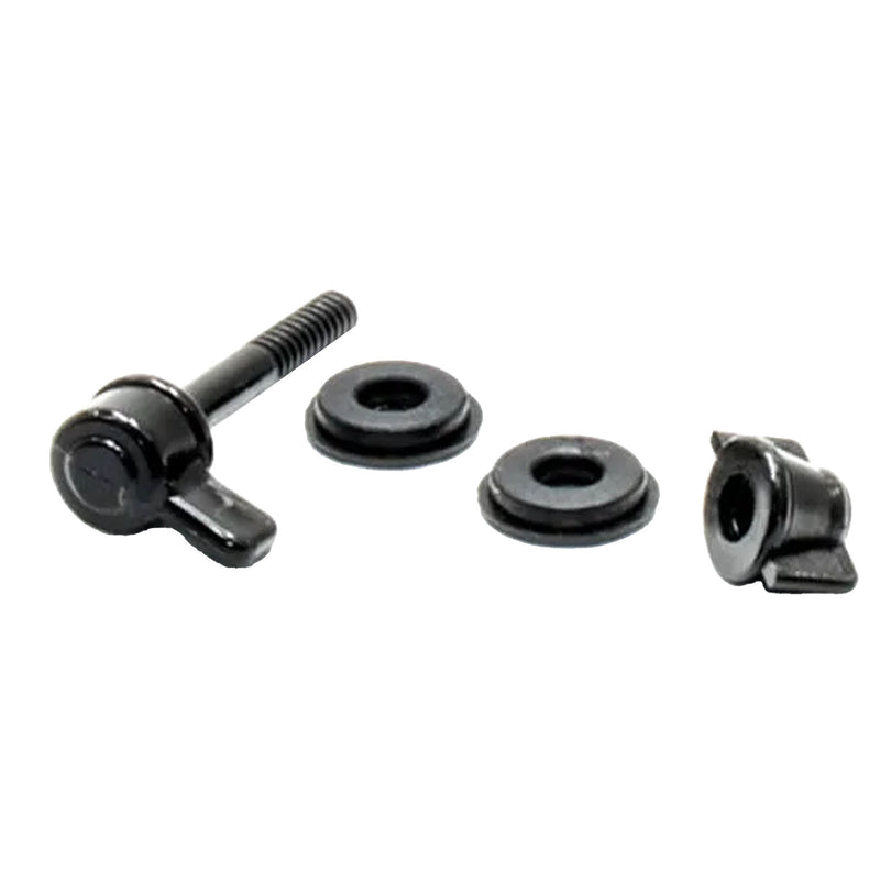 black Nokta 28R coil mounting hardware components including a bolt, 2 washers, and a nut for Legend and Simplex metal detectors on a white background