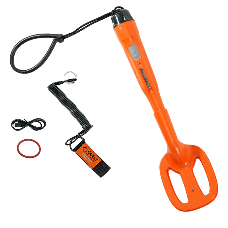 orange Scuba Tector with black wrist strap,  black and orange lanyard,  charge cord and red washer on a white background