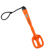 An orange handheld metal detector with a black wrist strap, shown on a plain white background.