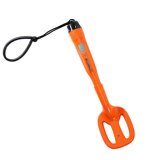 An orange handheld metal detector with a black wrist strap, shown on a plain white background.