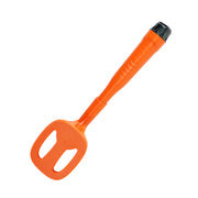 orange and black handheld metal detector back side on white background