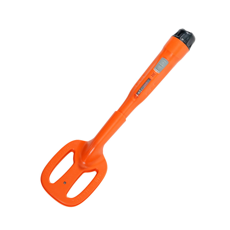 An orange handheld metal detector with a black top cap, shown diagonally on a plain white background.