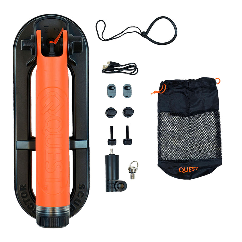 orange and black Scuba Tector Pro and Quest brand in folded position with accessories on white background