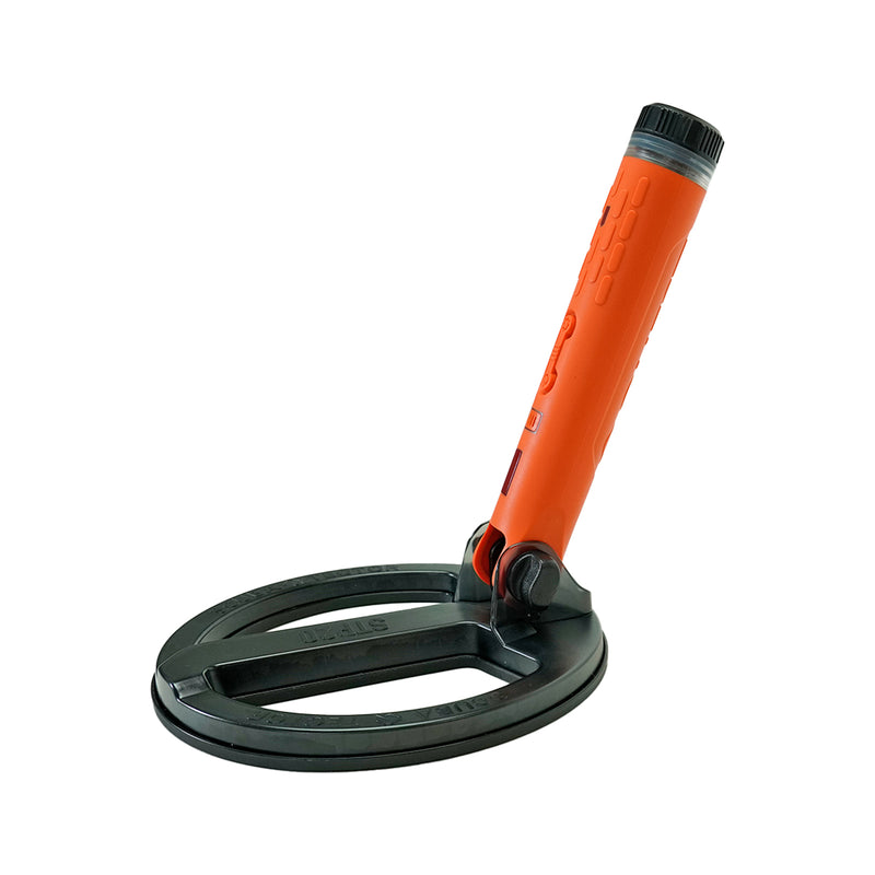 An orange handheld metal detector with a black circular coil base, shown on a plain white background.