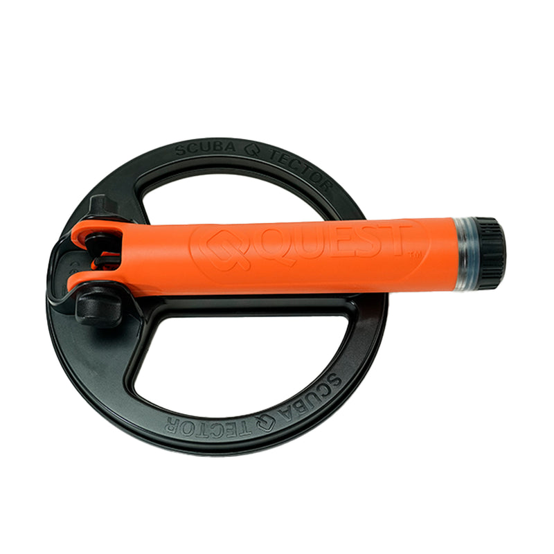 An orange and black Scuba detector by Quest, shown on a clean white background.