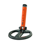 An orange handheld metal detector with a black circular coil base, shown on a plain white background.