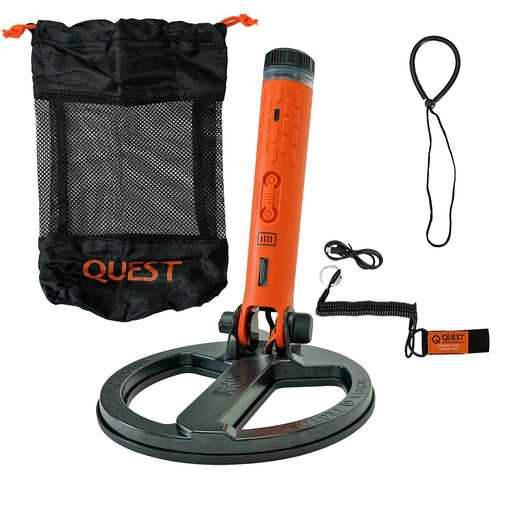 A Quest metal detector set on a white background, including an orange and black metal detector with a large circular coil, a black mesh drawstring bag with orange Quest branding, a black wrist strap, a black lanyard, and a small orange-and-black tag.