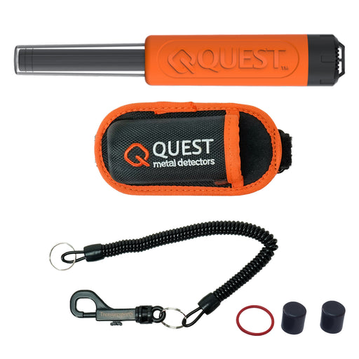 A metal detector kit on a white background, including an orange and black QUEST handheld metal detector, an orange and black protective case, a black coiled wrist strap with clasp, a red O-ring, and two black caps.