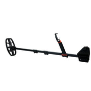A black metal detector with a coil, adjustable handle, and mounting bracket for smart phone, shown on a solid white background.