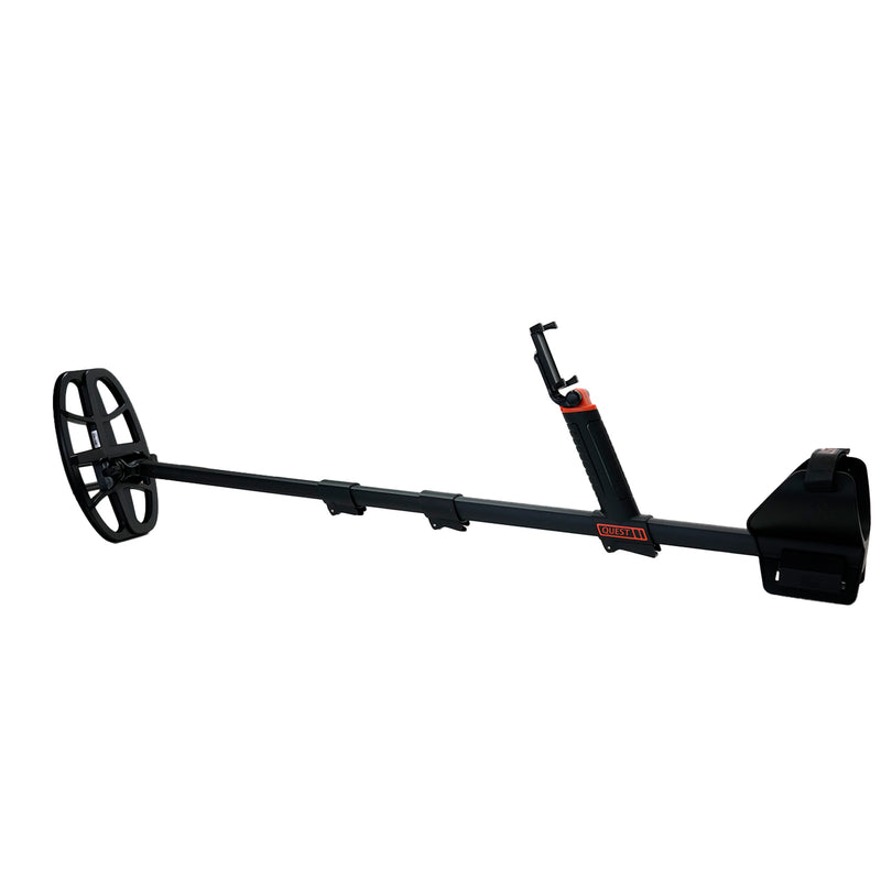 A black metal detector with a coil, adjustable handle, and mounting bracket for smart phone, shown on a solid white background.