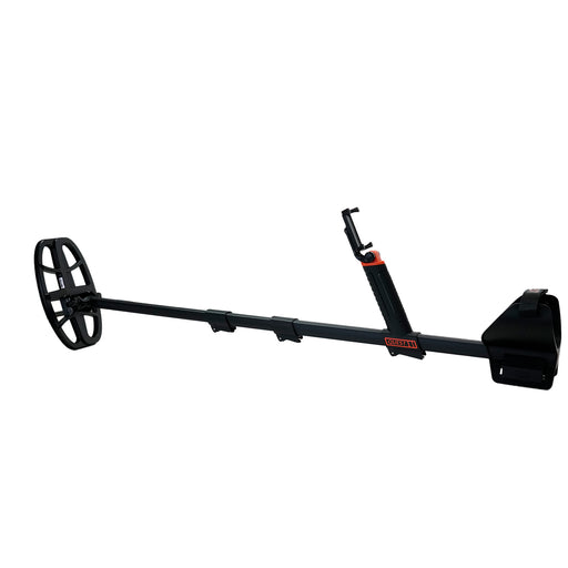 A black metal detector with a coil, adjustable handle, and mounting bracket for smart phone, shown on a solid white background.