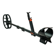 A black metal detector with a coil, adjustable handle, and mounting bracket for smart phone, shown on a solid white background.