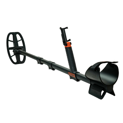 A black metal detector with a coil, adjustable handle, and mounting bracket for smart phone, shown on a solid white background.