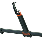 A close-up of a black and orange Quest metal detector mount with a phone holder attachment, shown on a white background.