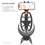 A black and gray metal detector with a attached smartphone display (not included) and detachable phone holder, shown on a white background with feature text on the left.