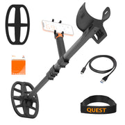 Black metal detector set with a smartphone mount, circular coil, USB charging cable, orange booklet, and black wristband with orange QUEST branding, shown on a white background.