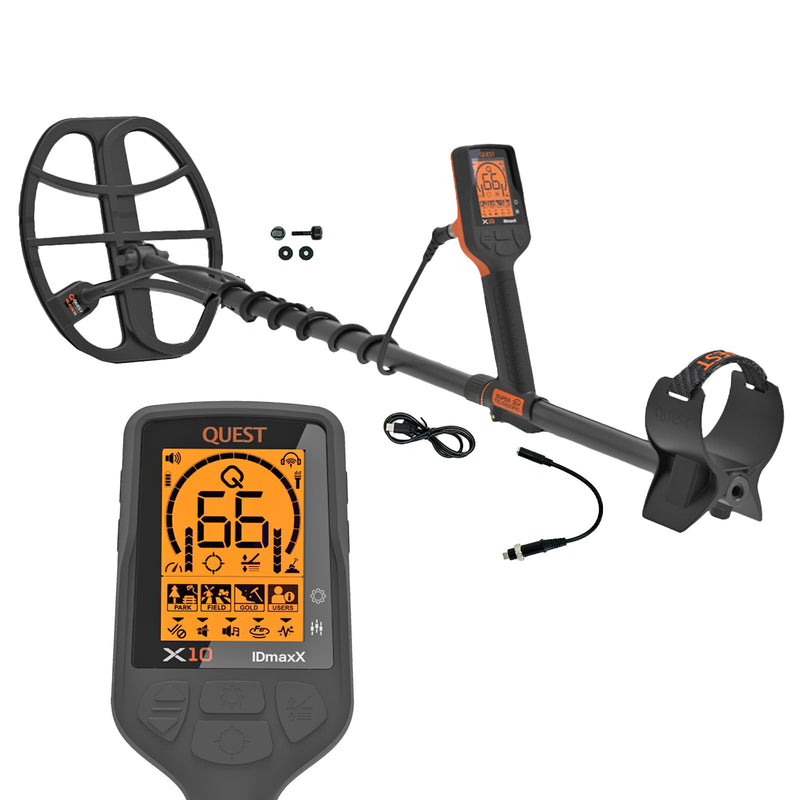 A Quest X10 iMaxX metal detector with a black coil, black handle, and bright orange LCD screen, shown with its control module, mounting hardware, and accessories on a plain white background.