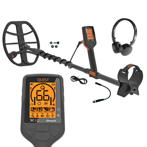 Quest X10 iDmaxX metal detector bundle with a black coil, control box, over-ear headphones, and small hardware accessories on a white background.