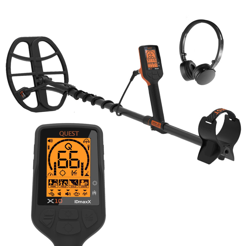 Quest X10 iDmaxX metal detector set with a black coil and headphones white background.