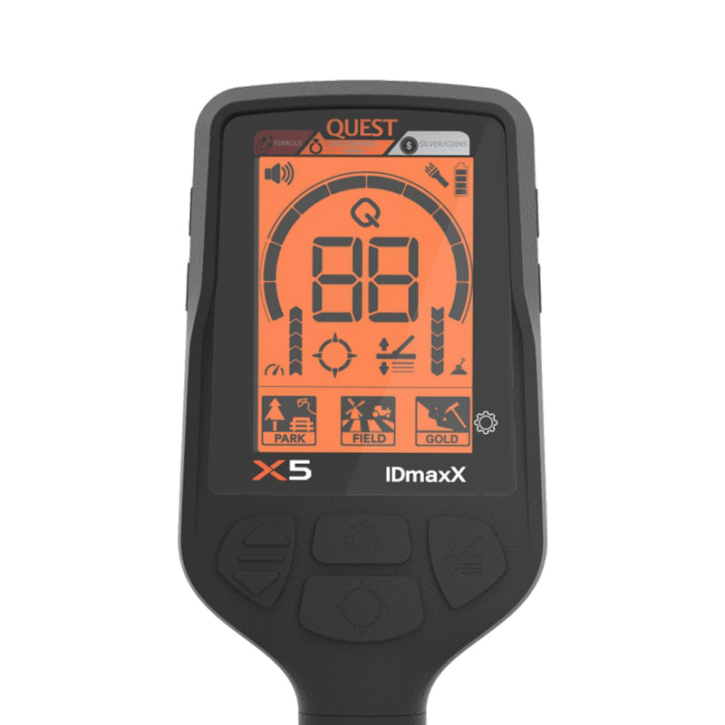 A black control box device with an orange backlit display screen, featuring the brand name QUEST and model IDmaxX X5, shown against a plain white background.