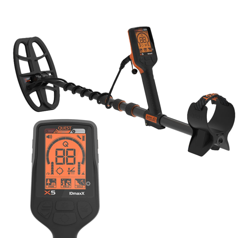 A Quest X5 IDmaxX metal detector with a black coil, black handle, and bright orange display screen, shown on a clean white background with a close-up inset of the control unit.