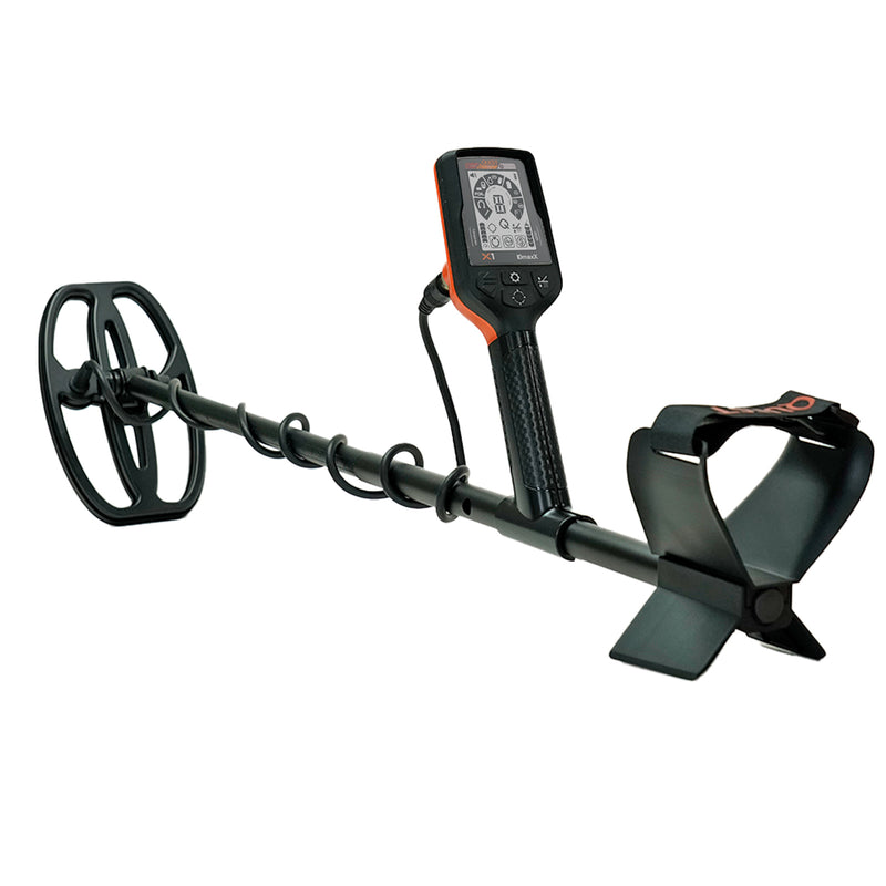 A black metal detector with a long coil and control box shown on a plain white background.