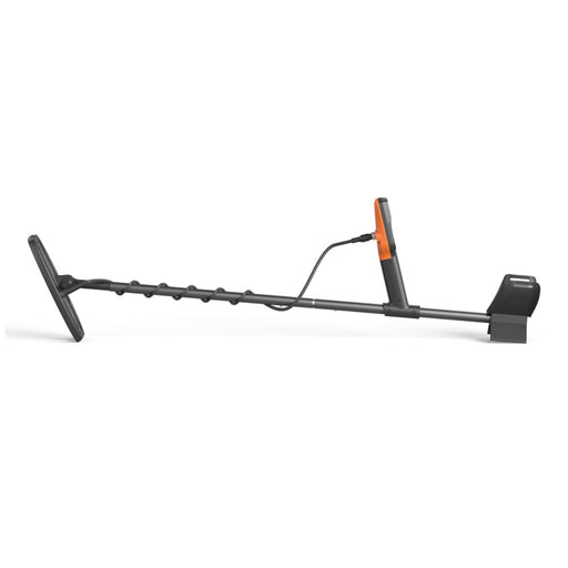 A black metal detector with an orange accent on the handle, shown on a plain white background.