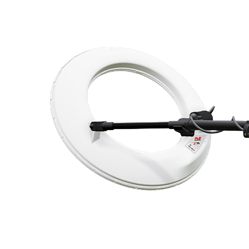 white Minelab GPZ 8000 Z18 18" Concentric Toroidal Coil with attached stem on white background