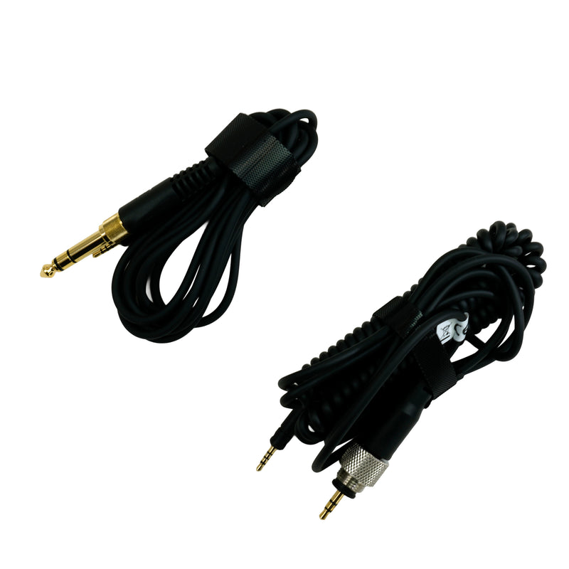 Two black audio adapter cables with gold-plated 3.5mm jack connectors and a silver connector, coiled and secured with black tape on a white background.