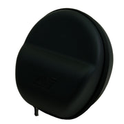 A black, oval-shaped hard protective case with a zippered closure and a debossed logo on the front, shown against a plain white background.