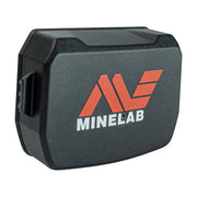 A black battery pack with rounded corners, featuring a prominent red and white MINELAB logo on the front face, set against a plain white background.