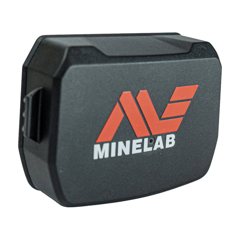 A black battery pack with rounded corners, featuring a prominent red and white MINELAB logo on the front face, set against a plain white background.