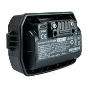 A black rechargeable Li-ion battery pack with a USB-C port and terminal connectors, shown from the back against a white background.
