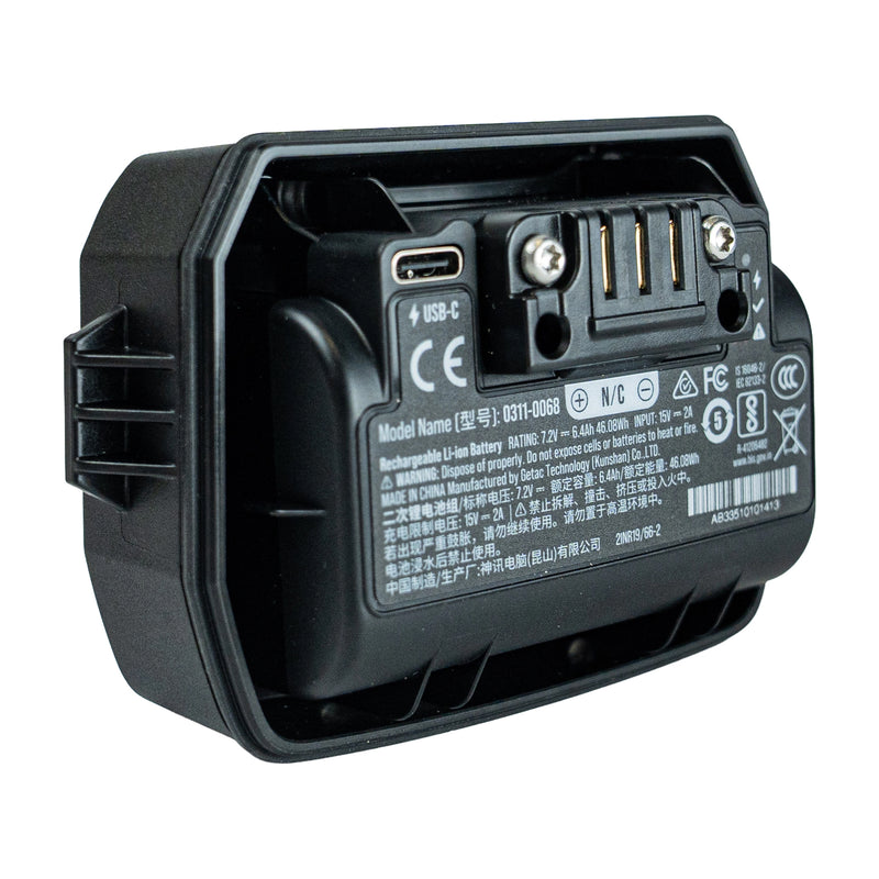 A black rechargeable Li-ion battery pack with a USB-C port and terminal connectors, shown from the back against a white background.