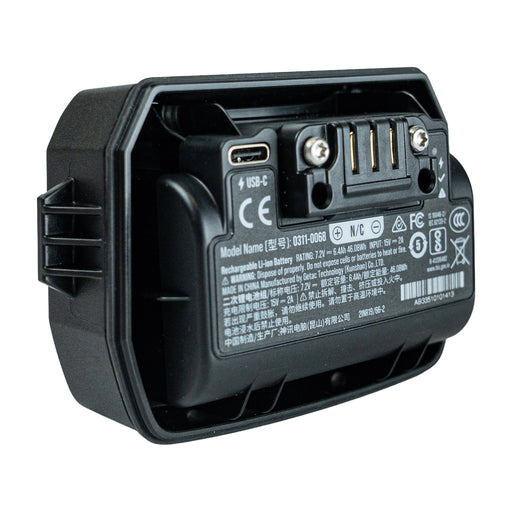 A black rechargeable Li-ion battery pack with a USB-C port and terminal connectors, shown from the back against a white background.