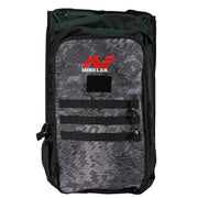 Minelab Detector Backpack front view with Minelab red and white logo.  Backpack is black and camo black