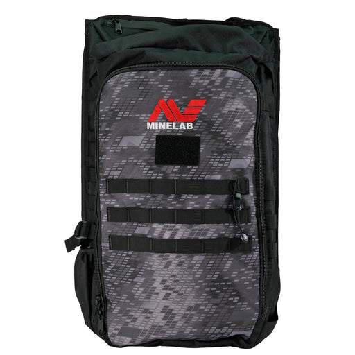 Minelab Detector Backpack front view with Minelab red and white logo.  Backpack is black and camo black