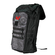 Minelab Detector Backpack front view with Minelab red and white logo.  Backpack is black and camo black  ide view