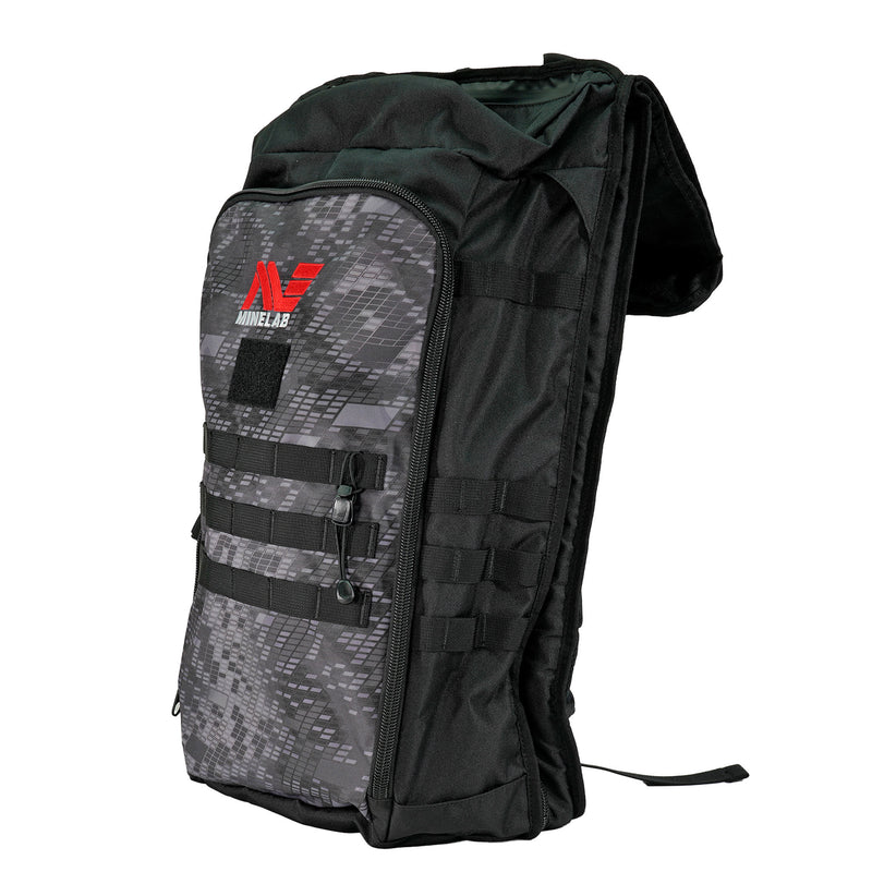 Minelab Detector Backpack front view with Minelab red and white logo.  Backpack is black and camo black  ide view